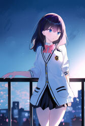 1girl absurdres black_hair black_skirt blue_eyes bow bowtie cardigan closed_mouth collared_shirt commentary fence gridman_universe highres looking_to_the_side medium_hair night night_sky pleated_skirt red_bow red_bowtie school_uniform shirt skirt sky solo ssss.gridman star_(sky) takarada_rikka usagi_(786113654) white_cardigan white_shirt