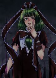 1girl bow dress front_ponytail green_eyes green_hair hair_bow hair_ribbon highres kagiyama_hina looking_at_viewer miyamoto_(dominocube6) red_bow red_dress red_ribbon ribbon solo touhou