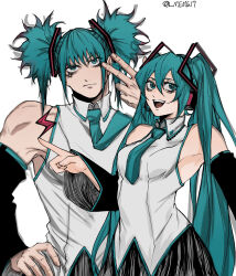 1boy 1girl alternate_hairstyle aqua_eyes aqua_hair aqua_necktie bare_shoulders black_sleeves breasts bright_pupils broad_shoulders closed_mouth cosplay detached_sleeves double_bun eyelashes hair_between_eyes hair_bun hair_ornament hatsune_miku hatsune_miku_(cosplay) headphones headset highres jujutsu_kaisen kashimo_hajime lightning_bolt_symbol long_hair matching_outfits medium_breasts meme17 necktie open_mouth shirt simple_background sleeveless sleeveless_shirt teeth toned toned_male twintails upper_teeth_only very_long_hair vocaloid white_background white_pupils wing_collar