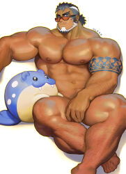 Rule 34 | 1boy, abs, arm hair, arm tattoo, bara, beard, biceps, blue eyes, blue hair, chest hair, dark-skinned male, dark skin, facial hair, feet out of frame, gen 3 pokemon, grey hair, hairy, highres, huge pectorals, indie virtual youtuber, kaito navigator, light smile, looking at viewer, male focus, mature male, multicolored hair, muscular, muscular arms, muscular legs, muscular male, navel hair, nintendo, nipples, pokemon, ponytail, simple background, solo, spheal, spiked hair, sunglasses, tattoo, thick eyebrows, thighs, topless male, uleez, undercut, virtual youtuber, white background, white hair