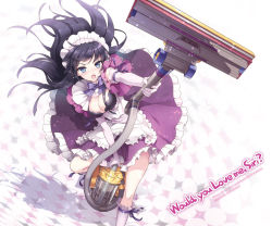 1girl an2a apple_inc. apron black_hair blue_eyes blush breasts cellphone cleavage cleavage_cutout clothing_cutout dress dyson_(company) elbow_gloves english_text female_focus frills gloves iphone kneehighs large_breasts leg_up long_hair looking_at_viewer maid maid_apron maid_headdress open_mouth personification phone pink_gloves pink_socks ribbon siri smartphone socks solo tears vacuum_cleaner white_socks