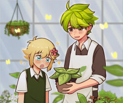 2boys :d :o ahoge antenna_hair apron aqua_eyes arms_at_sides basil_(faraway)_(omori) basil_(omori) blurry blurry_background brown_pants brown_shirt bug butterfly collared_shirt commentary cookie_run cowboy_shot crossover double-parted_bangs english_commentary eyes_visible_through_hair flipped_hair flower flower_pot green_hair green_sweater_vest hair_between_eyes hair_flower hair_ornament hanging_plant height_difference herb_cookie highres holding holding_flower_pot humanization indoors insect leaf male_focus multiple_boys omori open_mouth outline pants pink_flower plant shirt short_hair short_sleeves signature smile sparkle standing star_(symbol) starlyfnnctn sweater_vest swept_bangs three-quarter_sleeves trait_connection upper_body white_apron white_outline white_shirt window yellow_butterfly