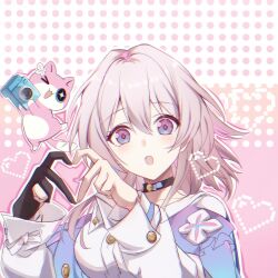 1girl archery_shooting_glove black_choker black_gloves blue_eyes blue_jacket breasts buttons camera choker earrings flower_ornament gloves gradient_clothes gradient_jacket heart heart_hands highres holding holding_camera honkai:_star_rail honkai_(series) jacket jewelry light_blush long_sleeves looking_at_viewer march_7th_(honkai:_star_rail) march_7th_(preservation)_(honkai:_star_rail) medium_breasts medium_hair open_mouth outline partially_fingerless_gloves pink_cat pink_eyes pink_hair pink_jacket pink_pupils polka_dot polka_dot_background portrait saint_laurent_paris shirt single_earring single_glove solo white_outline white_shirt