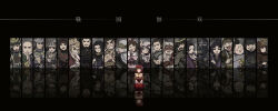 akechi_mitsuhide_(sengoku_musou) armor azai_nagamasa brown_eyes brown_hair date_masamune detached_sleeves grimace hakama hattori_hanzo helmet highres honda_tadakatsu honganji_kennyo imagawa_yoshimoto inahime ishikawa_goemon japanese_clothes japanese_text kneeling kunoichi_(sengoku_musou) maeda_keiji_(sengoku_musou) midorijikano miko mirror mirror_image mori_ranmaru naoe_kanetsugu nouhime oda_nobunaga oichi okuni saika_magoichi sanada_yukimura_(sengoku_musou) sengoku_musou smile takeda_shingen tokugawa_ieyasu toyotomi_hideyoshi uesugi_kenshin