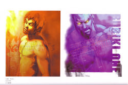 2boys angry boxer buriki_one colored_sclera copyright_name dutch_angle facial_hair glowing glowing_eyes goatee highres hiroaki_(kof) lips looking_at_viewer looking_back male_focus mixed_martial_artist mixed_martial_arts multiple_boys muscular official_art pectorals profile raised_eyebrow red_eyes red_hair rob_python scan shirt short_hair snk striker tattoo tendou_gai topless_male upper_body yellow_eyes yellow_sclera