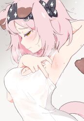 Rule 34 | 1girl, absurdres, animal ear fluff, animal ears, arknights, arm up, armpit focus, armpits, bare shoulders, black hairband, blush, braid, breasts, cat ears, cat girl, cat tail, cleavage, closed mouth, commentary request, floppy ears, fuu hoshimi, goldenglow (arknights), hairband, highres, lightning bolt print, looking at viewer, medium breasts, medium hair, off-shoulder shirt, off shoulder, pink hair, print hairband, shirt, side braid, sidelocks, sleeveless, sleeveless shirt, solo, spread armpit, sweat, tail, upper body, white shirt, yellow eyes