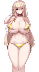 1girl ass bare_shoulders bikini blonde_hair blush breasts cleavage collar collarbone expressionless gluteal_fold gold_bikini golden_week highres huge_breasts kubiwa_(kutan) kutan long_hair looking_at_viewer micro_bikini navel original red_eyes shiny_clothes shiny_swimsuit side-tie_bikini_bottom skindentation solo stomach string_bikini swimsuit underboob yellow_bikini