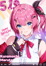 1girl absurdres armpit_crease artist_name balloon bare_shoulders black_hoodie black_ribbon blue_eyes bow breasts cagasyo center_frills closed_mouth dated fingernails frilled_shirt frills gradient_hair hair_between_eyes hair_bow hair_ornament hair_ribbon hairclip happy_birthday highres hood hoodie jewelry kuramochi_meruto kuramochi_meruto_(1st_costume) light_blush long_sleeves looking_at_viewer multicolored_hair nail_polish neck_ribbon nijisanji number_balloon pink_bow pink_hair pink_hoodie pink_lips pink_nails pink_ribbon polka_dot polka_dot_ribbon ribbon ring shirt side_ponytail sleeveless sleeveless_shirt smile solo two-tone_hoodie upper_body v virtual_youtuber white_shirt