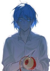 absurdres apple artist_name blue_eyes blue_hair collared_shirt colored_eyelashes cutting esu_kota food fruit highres holding holding_food holding_fruit holding_knife khun_aguero_agnis knife looking_at_viewer original shaded_face shirt solo staring teeth tower_of_god underlighting white_background white_shirt
