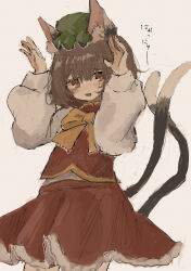 Rule 34 | 1girl, :d, absurdres, animal ear fluff, animal ear piercing, animal ears, blush, bow, bowtie, brown eyes, brown hair, cat ears, cat tail, chen, commentary request, cowboy shot, dot nose, earrings, edamanecha, fang, frills, hair between eyes, hands up, hat, highres, jewelry, long sleeves, looking at viewer, mob cap, multiple tails, nekomata, open mouth, puffy long sleeves, puffy sleeves, rabbit pose, raised inner eyebrows, red skirt, red vest, short hair, simple background, single earring, skin fang, skirt, skirt set, smile, solo, tail, touhou, translation request, two tails, vest, white background, yellow bow, yellow bowtie