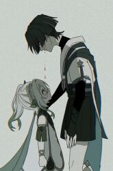 1boy 1girl armlet armor arms_at_sides belt black_bodysuit black_bow black_hair black_sash black_shorts blood blood_drip blood_from_forehead blood_on_face blue_sleeves blunt_ends bodysuit bow braid cape clenched_hand colored_tips crown_braid detached_sleeves dress eyelashes feathers fingernails from_side furisode genshin_impact gold gold_ring gold_trim green_cape green_eyes green_hair green_sleeves grey_background grey_belt hair_ornament hakama hakama_shorts hand_on_another&#039;s_shoulder head_down height_difference highres injury japanese_armor japanese_clothes jewelry kimono kote kurokote layered_sleeves leaf leaf_hair_ornament long_hair looking_at_another looking_down looking_up mandarin_collar middle_ring multicolored_hair muted_color nahida_(genshin_impact) no6_gnsn open_hand pleated_shorts pom_pom_(clothes) profile sash scaramouche_(genshin_impact) shadow short_sleeves shorts side_ponytail sidelocks tareme vision_(genshin_impact) wanderer_(genshin_impact) white_dress white_hair white_kimono white_sleeves yellow_feathers