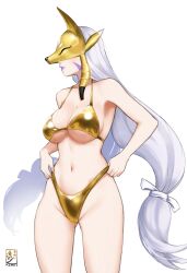 1girl alternate_costume artist_logo bare_shoulders bikini breasts cleavage closed_mouth collarbone commentary covered_eyes cowboy_shot digimon digimon_(creature) facial_mark facing_to_the_side fox_mask gold_bikini grey_hair groin highleg highleg_bikini highres kimeitsune large_breasts logo long_hair low-tied_long_hair low_twintails makeup mask navel profile purple_lips sakuyamon simple_background solo standing stomach swimsuit twintails very_long_hair white_background yellow_mask