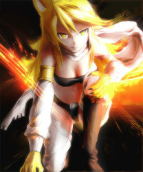 10s 1girl akame_ga_kill! animal_ears bad_id bad_pixiv_id black_panties blonde_hair breasts cleavage female_focus kneeling leone_(akame_ga_kill!) medium_breasts navel panties rk rk_(lyl010) scarf solo underwear white_scarf yellow_eye yellow_eyes
