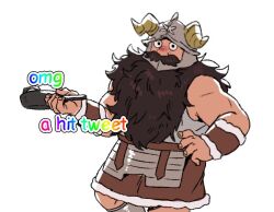 1boy bara beard blush contrapposto cowboy_shot dungeon_meshi dwarf english_text facial_hair fake_horns frying_pan gamubear hand_on_own_hip happy helmet holding holding_frying_pan horned_helmet horns long_beard looking_at_viewer male_focus meme muscular muscular_male mustache nose_blush omg_a_hit_tweet_(meme) senshi_(dungeon_meshi) solo thick_mustache very_long_beard