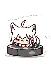 :3 ahoge animal_ears blush_stickers chibi closed_eyes curled_up fox_ears fox_girl fox_tail fumitonkatsu highres hololive motion_lines robotic_vacuum_cleaner shirakami_fubuki simple_background speed_lines tail white_background white_hair