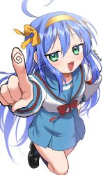 Rule 34 | 1girl, :3, absurdres, ahoge, black shoes, blue hair, blue sailor collar, blue skirt, bow, company connection, cosplay, fingerprint, green eyes, hair bow, hairband, highres, hirano aya, izumi konata, jitome, kazepana, kita high school uniform, light blush, loafers, long hair, long sleeves, looking at viewer, lucky star, mole, mole under eye, multiple hair bows, open mouth, sailor collar, school uniform, serafuku, shirt, shoes, simple background, skirt, solo, suzumiya haruhi, suzumiya haruhi (cosplay), suzumiya haruhi no yuuutsu, twitter username, voice actor connection, white background, white shirt, winter uniform, yellow bow, yellow hairband