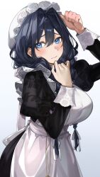 1girl absurdres apron black_dress black_hair blue_eyes braid closed_mouth dress hair_intakes hat highres hololive hololive_english looking_at_viewer low_twin_braids maid maid_apron mob_cap official_alternate_costume official_alternate_hairstyle ouro_kronii ouro_kronii_(maid) rakku_(rkrmz0n) simple_background solo twin_braids victorian_maid virtual_youtuber white_apron white_background