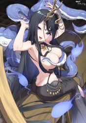 Rule 34 | 1girl, absurdres, antlers, armpits, arms up, ass, azur lane, black dress, black hair, black nails, blue eyes, breasts, butt crack, covering nipples, covering privates, dimples of venus, dress, golden hind (azur lane), highres, horns, large breasts, looking at viewer, looking back, mole, mole under mouth, open mouth, sitting, solo, suction cups, sunebu (snake boo2), tentacles, tongue, tongue out