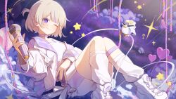 1girl absurdres banpen_(todoroki_hajime) blonde_hair choker cloud commentary hand_up high_tops highres holding holding_microphone hololive hololive_dev_is iridescent jacket knees_together_feet_apart knees_up leg_warmers looking_at_viewer mascot microphone midair multicolored_hair night one_eye_closed open_clothes open_jacket outdoors platform_shoes purple_eyes purple_hair ramube shirt shoes short_hair short_shorts shorts sky smile sneakers solo star_(sky) star_(symbol) starry_sky streaked_hair todoroki_hajime todoroki_hajime_(1st_costume) two_side_up virtual_youtuber white_jacket white_leg_warmers white_shirt white_shoes white_shorts