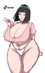 1girl :&gt; black_hair blunt_bangs bob_cut boruto:_naruto_next_generations breasts cleavage closed_mouth covered_erect_nipples earrings feet_out_of_frame female_focus hand_up happy highres huge_breasts hyuuga_hinata jewelry purple_eyes legs looking_at_viewer mature_female medium_hair naruto_(series) navel no_pupils panties pink_shirt plump pupiless_eyes purple_eyes shirt simple_background smile solo source_request standing thick_thighs thighs tiktok ultivlad underwear white_background wide_hips