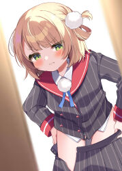 1girl absurdres angry backlighting blonde_hair blue_ribbon blunt_bangs blush braid clenched_teeth clothes_pull collared_shirt commentary_request cowboy_shot dress_shirt embarrassed grey_jacket grey_skirt grimace hair_ornament hair_rings highres indie_virtual_youtuber jacket kiyokura_meru long_sleeves looking_at_viewer neck_ribbon no_headwear no_pants pinstripe_jacket pinstripe_pattern pinstripe_skirt pleated_skirt pom_pom_(clothes) pom_pom_hair_ornament red_sailor_collar ribbon sailor_collar school_uniform shigure_ui_(vtuber) shigure_ui_(vtuber)_(1st_costume) shirt short_hair side_braid skirt skirt_pull sleeve_cuffs solo swept_bangs teeth undressing virtual_youtuber