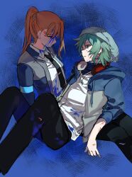 1boy 1girl alternate_costume alternate_universe android aqua_eyes aqua_hair beanie black_jacket black_necktie black_pants black_shirt blank_eyes blazer blood blood_on_clothes blood_on_face blue_background blue_blood blue_jacket braid chidouin_sara collared_shirt cuts death detroit:_become_human green_hat grey_jacket hair_between_eyes hat headphones headphones_around_neck high_ponytail highres hiyori_sou hood hoodie injury invisible_chair jacket jacket_over_hoodie jewelry key key_necklace kimi_ga_shine long_hair multicolored_jacket necklace necktie no_mouth orange_hair pants parody ponytail purple_eyes shirt sidelocks single_sidelock sitting straight_hair three-quarter_sleeves tie_clip turtleneck two-tone_jacket white_hoodie white_shirt wing_collar yellowmao0509