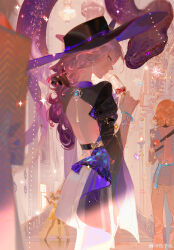 1girl 4others absurdres artist_name black_hat blue_eyes bracelet ceiling closed_mouth cowboy_shot cup dancing from_behind hair_between_eyes hat highres holding holding_cup honkai:_star_rail honkai_(series) indoors jade_(honkai:_star_rail) jewelry light_particles long_hair looking_at_viewer looking_back multiple_others reflective_floor sidelocks smile snake solo_focus stairs standing watermark weibo_watermark window yangming_li_wan_dianfen_chang