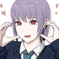 1girl aguxxxuu blue_necktie blue_sweater chainsaw_man collared_shirt diagonal-striped_clothes diagonal-striped_necktie earrings fami_(chainsaw_man) fang hands_up heart highres jewelry looking_at_viewer mole mole_under_eye mole_under_mouth multiple_moles necktie open_mouth pink_eyes purple_hair purple_nails ringed_eyes shirt simple_background solo striped_clothes sweater white_background white_shirt