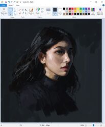 Rule 34 | 1girl, art program in frame, black eyes, black hair, black shirt, christian young, commentary, english commentary, expressionless, facing viewer, leukocoria, long hair, microsoft paint (medium), microsoft paint (software), original, painterly, portrait, screencap, shirt, solo, wavy hair