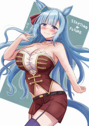 Rule 34 | 1girl, alternate costume, animal ears, blue hair, blush, braid, breasts, cleavage, closed mouth, collar, collarbone, crown braid, hair between eyes, hair ornament, horse ears, horse girl, horse tail, large breasts, long hair, looking at viewer, mejiro ardan (umamusume), microphone, midriff, navel, open mouth, rio (lio yuzu), shorts, smile, starting future (umamusume), tail, thighhighs, umamusume, white background