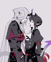 Rule 34 | 2girls, after kiss, arknights, arms behind back, ascalon (arknights), ascot, black hair, black shirt, blood, cape, cloak, closed eyes, entelechia (arknights), from side, gradient hair, grey background, grey cape, grey hair, highres, hl (iamawhitehippo), hood, hood up, hooded cloak, horns, looking at another, mole, mole under eye, multicolored hair, multiple girls, pointy ears, profile, red hair, saliva, saliva trail, shirt, simple background, smile, twintails, upper body, white ascot, yuri