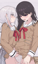2girls bang_dream! bang_dream!_it&#039;s_mygo!!!!! black_hair blush brown_dress chinese_commentary commentary_request dress fingering grey_skirt hand_in_another&#039;s_panties highres kaname_raana long_hair long_sleeves medium_hair mole mole_under_eye multiple_girls neck_ribbon open_mouth panties pleated_skirt purple_eyes pussy_juice red_ribbon ribbon sailor_collar sailor_dress saliva school_uniform serafuku shiina_taki shirt skirt underwear white_hair white_panties white_sailor_collar yun_cao_bing yuri