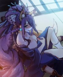 Rule 34 | 1girl, alcohol, animal ears, beads, blue eyes, blue hair, blush, bottle, breasts, cetus kkk, coral, drunk, earrings, fins, fox ears, fox tail, hair beads, hair bun, hair ornament, hair over one eye, head fins, indoors, japanese clothes, jewelry, kimono, large breasts, licking lips, ningyo hime (sinoalice), parted lips, ponytail, sake, sake bottle, sidelocks, sinoalice, sitting, sketch, solo, tail, tongue, tongue out