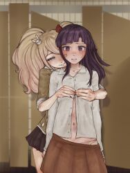 2girls after_rape bandaid bandaid_on_cheek bandaid_on_face bathroom black_skirt blush bow brown_skirt bruise buttoning collarbone commission danganronpa:_trigger_happy_havoc danganronpa_(series) danganronpa_2:_goodbye_despair elle_(imaginaryiand) english_text enoshima_junko grey_shirt hair_bow hair_ornament highres hope&#039;s_peak_academy_school_uniform indoors injury long_hair miniskirt mole mole_under_eye multiple_girls no_jacket panties rabbit_hair_ornament red_bow school school_uniform shirt skirt tears tsumiki_mikan underwear white_panties yuri