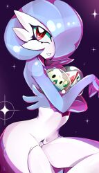 Rule 34 | alternate color, black eyes, blue hair, blue skin, bob cut, colored skin, dress, gardevoir, gen 3 pokemon, gen 5 pokemon, hair over one eye, highres, jun-kou, looking at viewer, multicolored skin, nintendo, parted lips, pokemon, pokemon (creature), red eyes, shiny pokemon, solosis, sparkle, two-tone skin, white dress, white skin