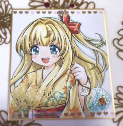 1girl air_(visual_novel) bag bagged_fish blonde_hair blue_eyes blush bow commentary_request fish fujii_ryou goldfish hair_bow hair_intakes japanese_clothes kamio_misuzu kimono long_hair looking_at_viewer obi open_mouth red_bow red_sash sash shikishi simple_background smile solo upper_body white_background yellow_kimono