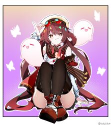Rule 34 | 1girl, absurdres, adjusting eyewear, bare shoulders, beret, black thighhighs, boo tao (genshin impact), brown hair, bug, butterfly, chinese clothes, closed mouth, convenient leg, crossed legs, detached sleeves, dress, eyewear on head, flower-shaped pupils, genshin impact, gradient background, gradient hair, hair between eyes, hand on eyewear, hat, highres, hu tao (cherries snow-laden) (genshin impact), hu tao (genshin impact), insect, jewelry, long hair, long sleeves, looking at viewer, multicolored hair, nail polish, official alternate costume, purple background, qri, red eyes, red shoes, ring, shoes, short dress, sidelocks, sleeveless, smile, sunglasses, symbol-shaped pupils, thighhighs, twintails, very long hair, white dress