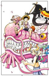 1girl 3boys absurdres alternate_form antlers black_hair black_sports_bra blue_hair commentary cross dragon dwalkn english_commentary french_commentary green_hair hat highres horns jolly_roger kouzuki_momonosuke looking_at_viewer monkey_d._luffy multiple_boys one_piece reindeer_antlers sandals scar scar_on_chest scar_on_face sharp_teeth short_hair smile sports_bra straw_hat straw_hats_jolly_roger teeth tony_tony_chopper v whiskers white_background white_hair yamato_(one_piece)