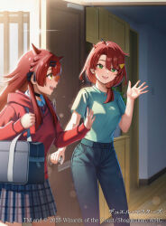 2girls aqua_shirt bag black_bow black_bowtie black_choker bow bowtie breasts brown_hair choker copyright_notice denim doorknob doorway dragon_musume_ni_naritakunai! duel_masters green_eyes hair_ornament hair_ribbon hairpin hood hoodie jeans large_breasts long_hair long_sleeves looking_to_the_side low_side_ponytail maguma_mega maguma_megu medium_hair mother_and_daughter multiple_girls official_art open_door open_mouth pants plaid_clothes plaid_skirt pleated_skirt red_bow red_bowtie red_hair red_hoodie ribbon sakuma_ryuichi school_bag shirt short_sleeves shoulder_bag skirt t-shirt teeth upper_teeth_only very_long_hair waving white_shirt yellow_eyes