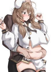 1boy 1girl :o absurdres ahoge apron belly_grab beret black_neckerchief black_pants black_skirt black_thighhighs black_vest bready_(nikke) breasts brown_eyes brown_hair commander_(nikke) commentary cropped_shirt english_commentary goddess_of_victory:_nikke grabbing_from_behind hat highres huge_breasts medium_hair microskirt navel neckerchief pants plump sekkno shirt simple_background skirt stomach thighhighs thighs vest white_apron white_background white_shirt
