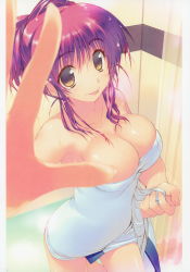 Rule 34 | 1girl, :p, absurdres, amazuyu tatsuki, armpits, bare shoulders, bathroom, bathtub, breasts, brown eyes, cleavage, collarbone, curtains, female focus, fingernails, hair bun, hair up, highres, holding, indoors, kousaka tamaki, large breasts, looking at viewer, naked towel, official art, outstretched arm, red hair, scan, sidelocks, single hair bun, solo, standing, standing on one leg, taut clothes, to heart (series), to heart 2, tongue, tongue out, towel, water, wet, wet hair