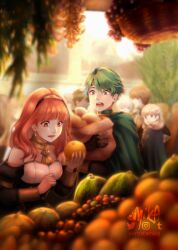 2girls 4boys alm_(fire_emblem) alternate_costume apple aristemika bag berry black_dress bread cape celica_(fire_emblem) choker church couple dress earrings faye_(fire_emblem) festival fire_emblem fire_emblem:_three_houses fire_emblem_echoes:_shadows_of_valentia food fruit garreg_mach_monastery_uniform grapes gray_(fire_emblem) green_eyes green_hair hanging_plant hetero holding holding_bag holding_food holding_fruit holding_pastry_bag jewelry kliff_(fire_emblem) long_hair multiple_boys multiple_girls nintendo orange_(fruit) pastry pastry_bag prince princess red_eyes red_hair school_uniform short_hair tiara tobin_(fire_emblem) tree watermelon