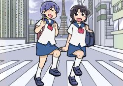 Rule 34 | 2girls, a-king, amakazari eri, backpack, bag, black hair, black shoes, blue bag, blue hair, blue sailor collar, blue skirt, brown eyes, building, city (arawi keiichi), clenched hands, closed eyes, cloud, leg up, looking at another, makabe matsuri, multiple girls, neckerchief, open mouth, outdoors, red bag, red neckerchief, road, sailor collar, school uniform, shirt, shoes, short hair, skirt, sky, socks, street, tower, white shirt, white socks