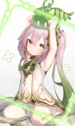 1girl absurdres akiaki1657 animal animal_on_head armpits arms_up bloomers commentary dress genshin_impact gold_trim gradient_hair green_eyes green_hair hair_between_eyes highres long_hair looking_at_viewer multicolored_hair nahida_(genshin_impact) on_head pointy_ears seiza side_ponytail sitting sleeveless sleeveless_dress slime_(genshin_impact) solo star-shaped_pupils star_(symbol) symbol-shaped_pupils underwear white_bloomers white_dress white_hair