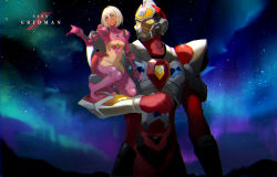 Rule 34 | 1girl, absurdres, aurora, crossover, dark-skinned female, dark skin, denkou choujin gridman, diaclone, gridman (character), gridman universe, highres, hikari kaizaki, looking at another, mecha, nollipap, parted lips, platinum blonde hair, robot, short hair, sky, star (sky), starry sky, yellow eyes