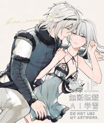 1boy 1girl artist_name asymmetrical_bangs blush braid braided_hair_rings breasts closed_mouth commentary_request couple eye_contact hair_rings hetero highres kaine_(nier) kurosawa_kazuto large_breasts lingerie looking_at_another negligee nier nier_(brother) nier_(brother)_(post_timeskip) nier_(series) pants smile twitter_username underwear watermark white_background white_hair white_pants yellow_eyes