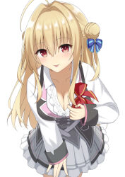 1girl :p ahoge blonde_hair blue_bow blush bow bowtie breasts center_frills cleavage closed_mouth collarbone commentary cowboy_shot double_bun eyes_visible_through_hair frilled_shirt frilled_skirt frills grey_skirt hair_between_eyes hair_bow hair_bun hair_intakes hamidashi_creative highres izumi_hiyori large_breasts long_hair long_sleeves miniskirt pleated_skirt red_bow red_bowtie school_uniform seductive_smile shirt simple_background skirt smile solo tongue tongue_out tuna_mayo0525 two_side_up very_long_hair white_background white_shirt
