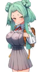 1girl blush breasts embarrassed green_hair highres kosanae_sasaho large_breasts long_sideburns oppai_loli original short_bangs sideburns smaragdus_viridi tented_shirt tsurime yellow_eyes