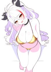 1girl :d absurdres arm_support azur_lane bare_arms bare_shoulders bikini black_choker black_ribbon blush breasts choker collarbone commentary_request from_above hair_between_eyes hair_ribbon head_tilt highres large_breasts long_hair looking_at_viewer looking_up mole mole_on_breast moyoron multicolored_hair open_mouth orange_eyes prinz_eugen_(azur_lane) red_hair ribbon sitting smile solo streaked_hair swimsuit two_side_up very_long_hair white_background yellow_bikini
