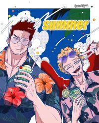 Rule 34 | 2boys, alternate costume, beard stubble, blonde hair, blue eyes, boku no hero academia, commentary request, cup, endeavor (boku no hero academia), eyewear on head, facial hair, hawaiian shirt, hawks (boku no hero academia), heart, heart-shaped eyewear, highres, holding, holding cup, male focus, mozi mozi555, multiple boys, muscular, muscular male, one eye closed, pectoral cleavage, pectorals, print shirt, red hair, scar, scar on face, shirt, short hair, stubble, summer, tinted eyewear, upper body, v, wings, yellow eyes